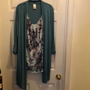 Terra sky size 1x teal blue one piece blouse with connected sweater